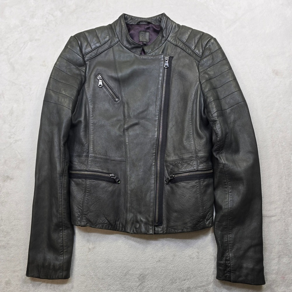 GAP Leather Moto Jacket Womens Medium Black Asymmetrical Zip Cafe Racer - Picture 2 of 16